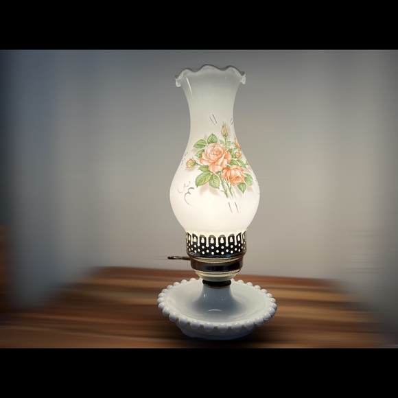Other - Vintage Milk Glass Lamp w/Hand Painted Hurricane Shade Boudoir Vanity Lamp